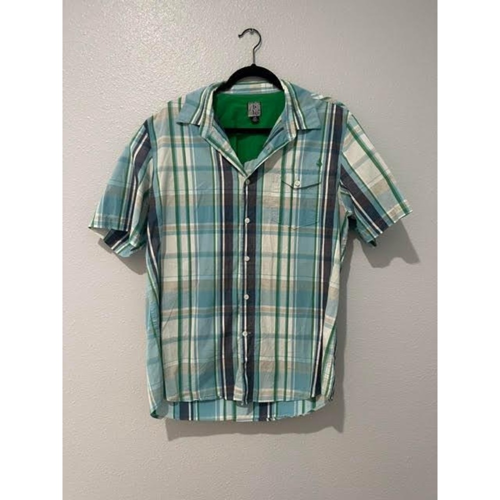Volcom Mens Plaid Short Sleeve Button Down Shirt Teal Green Size Large